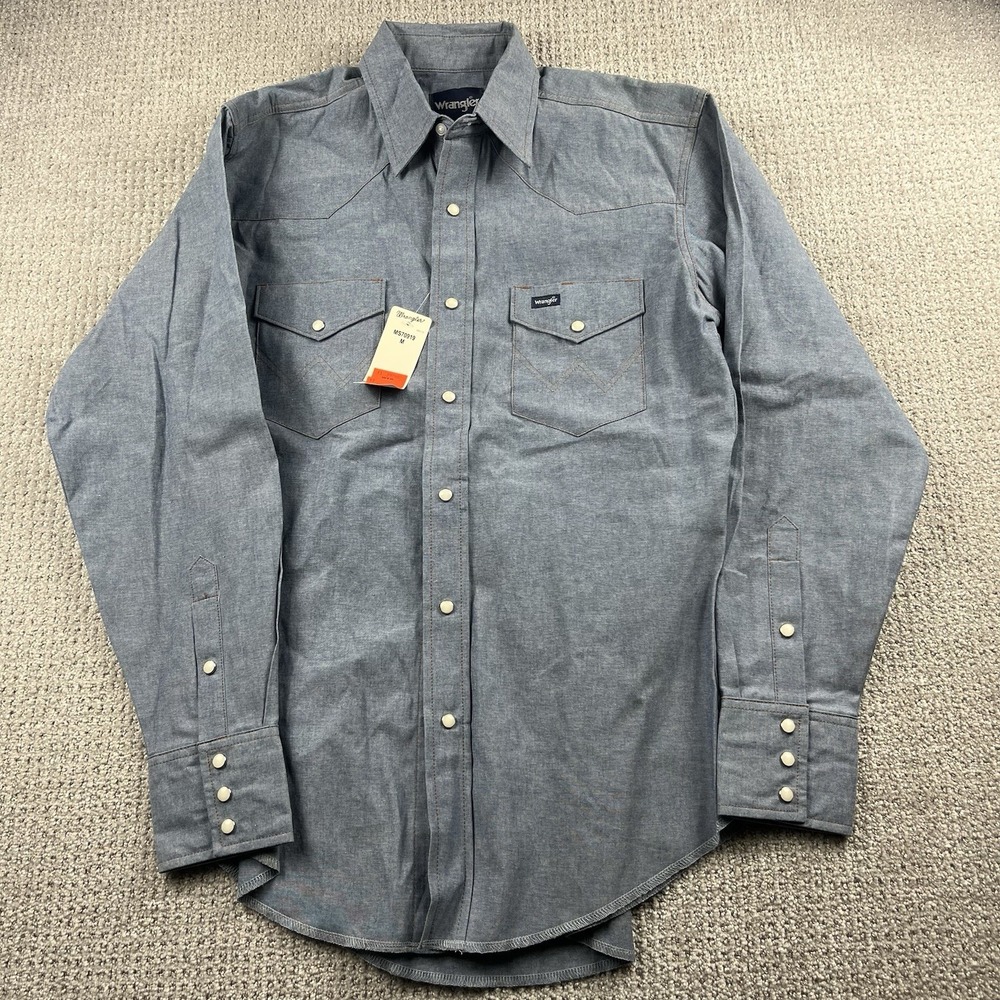 VTG Wrangler Pearl Snap Denim Shirt Mens M Blue Chambray Western Long Tail NWT